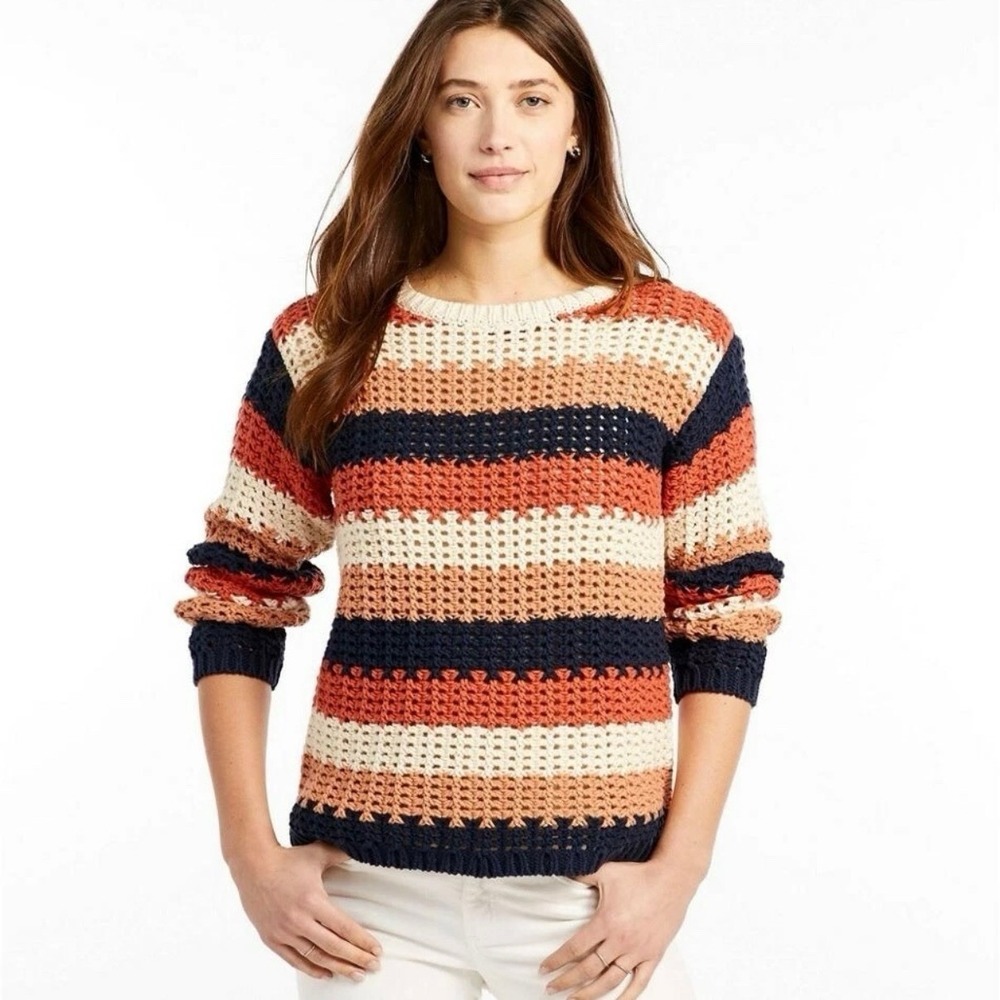 LL Bean Colorful Stripes Sig Bailey Island Chunky Cotton Pullover Sweater LARGE